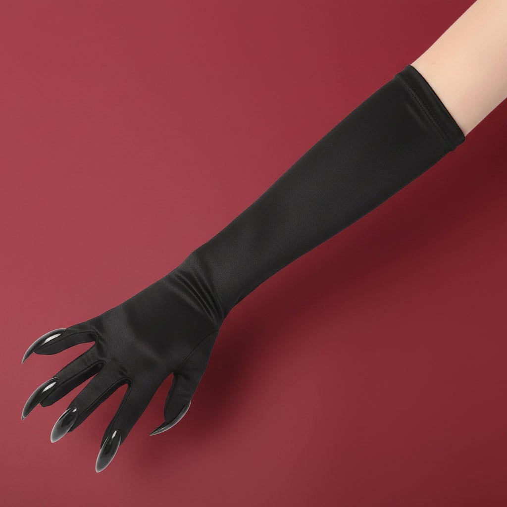 Thermabuild | Halloween Witch Costume Claw Gloves Long Black Satin with Attached Talons Elbow Length