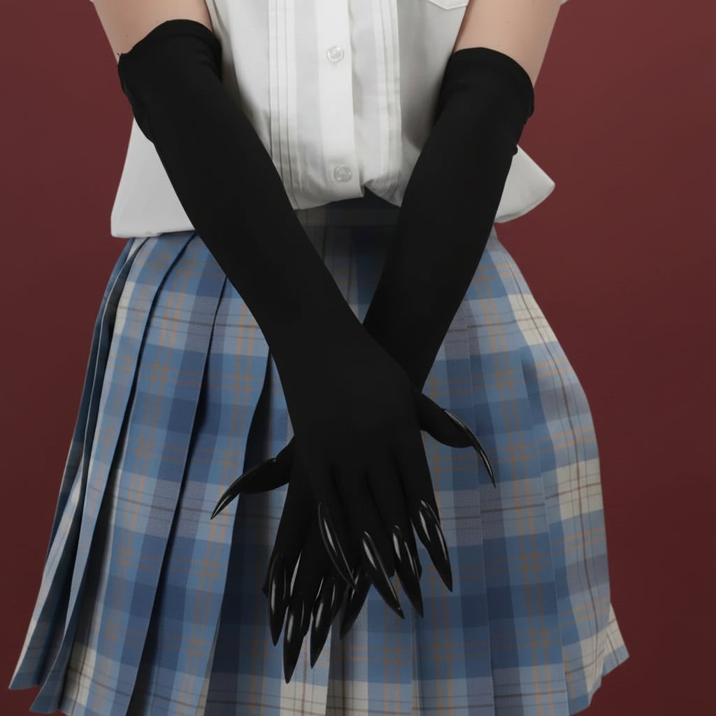 Thermabuild | Halloween Witch Costume Claw Gloves Long Black Satin with Attached Talons Elbow Length