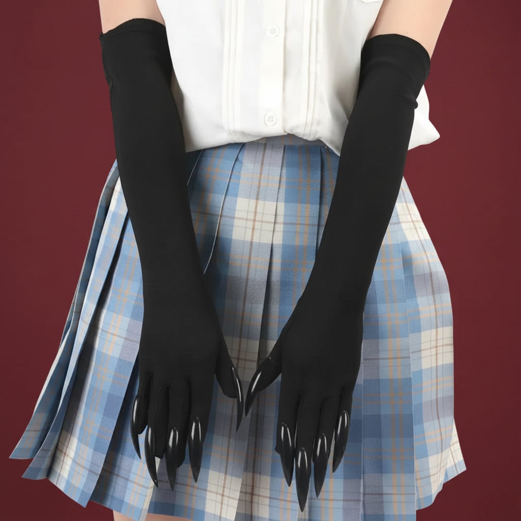 Thermabuild | Halloween Witch Costume Claw Gloves Long Black Satin with Attached Talons Elbow Length