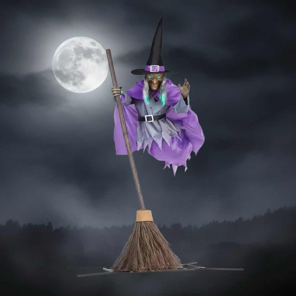 Thermabuild | Halloween Witch Decor Large Outdoor Prop with Glowing Eyes and Broomstick for Scary Yard Decoration