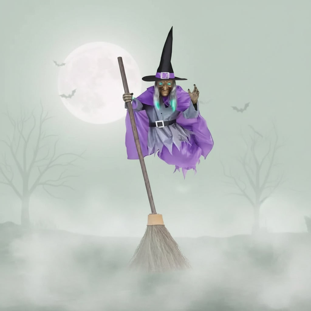 Thermabuild | Halloween Witch Decoration Blow Up with Glowing Eyes and Flying Broomstick for Outdoor Yard Prop