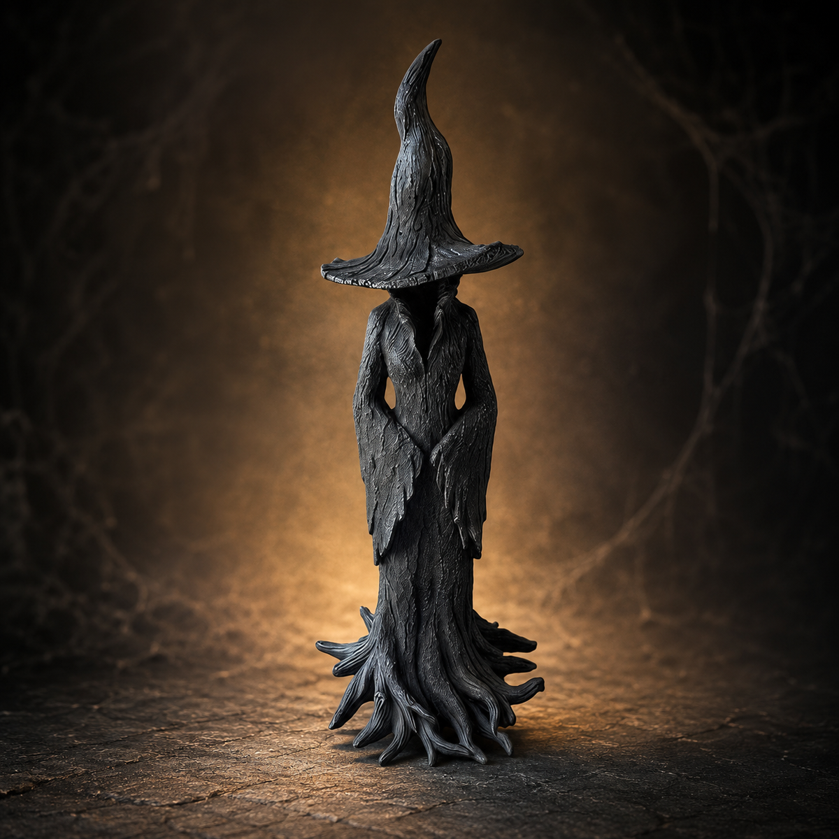 Thermabuild | Halloween Witch Decoration Figurine with Textured Bark Finish and Root Base for Tabletop Decor