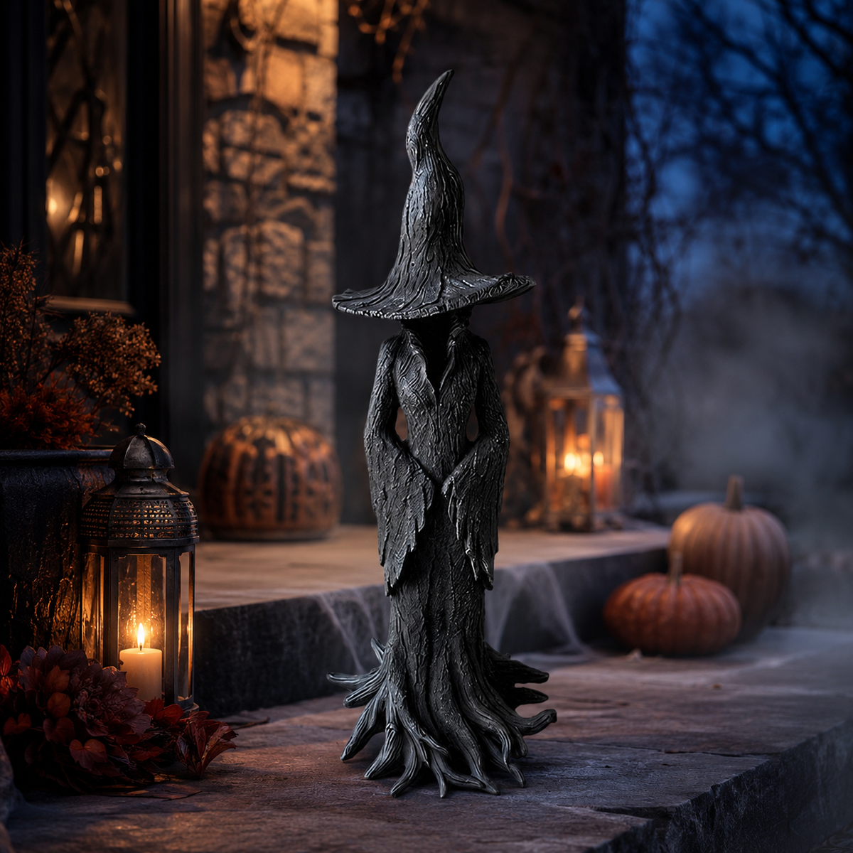 Thermabuild | Halloween Witch Decoration Figurine with Textured Bark Finish and Root Base for Tabletop Decor