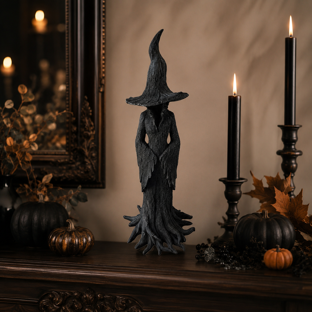 Thermabuild | Halloween Witch Decoration Figurine with Textured Bark Finish and Root Base for Tabletop Decor