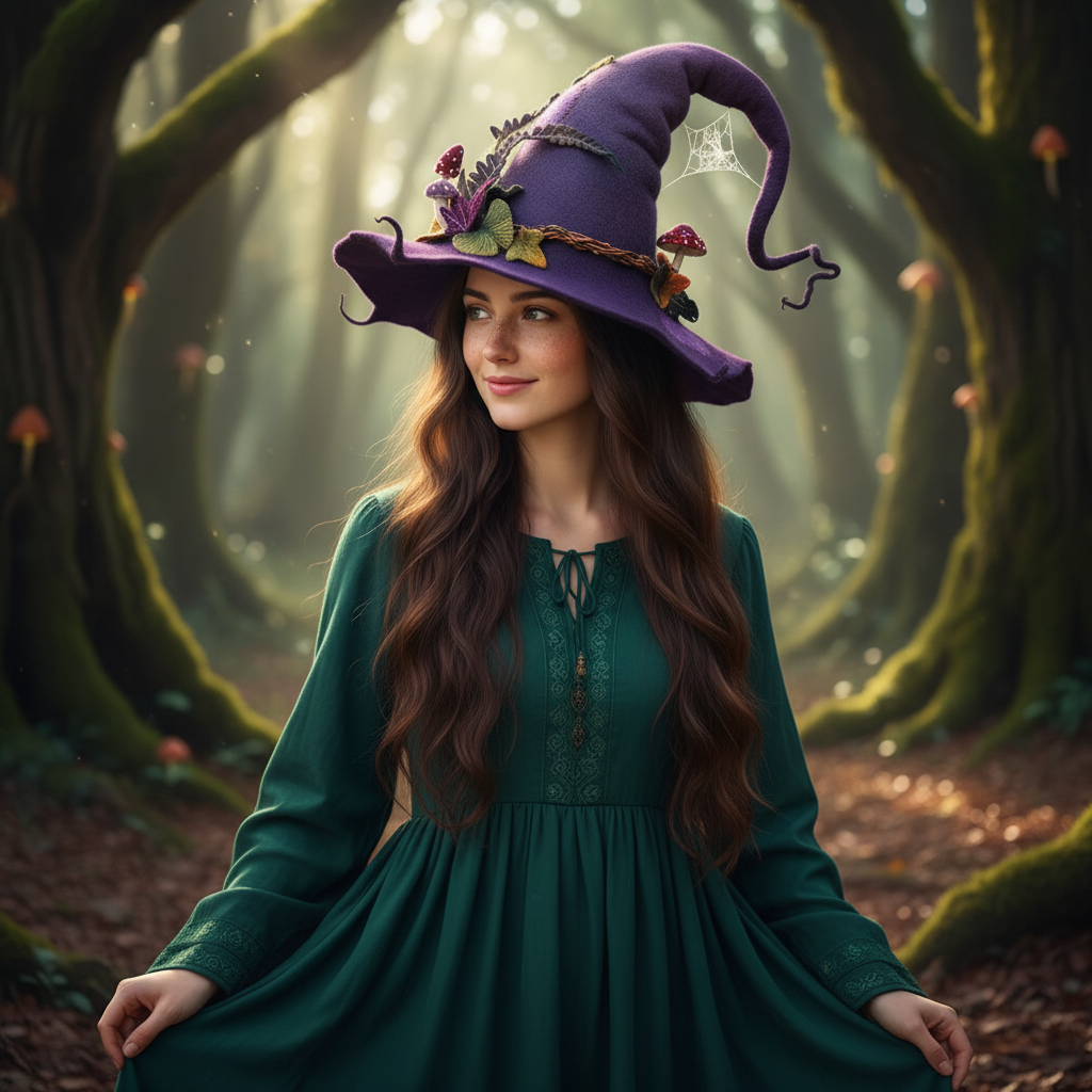 Thermabuild | Halloween Witch Hat Felted Wool with Spiderweb Embroidery and Floral Design for Costume Party