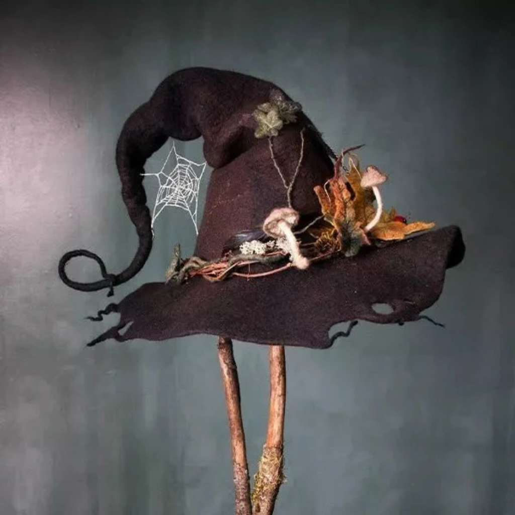Thermabuild | Halloween Witch Hat Felted Wool with Spiderweb Embroidery and Floral Design for Costume Party