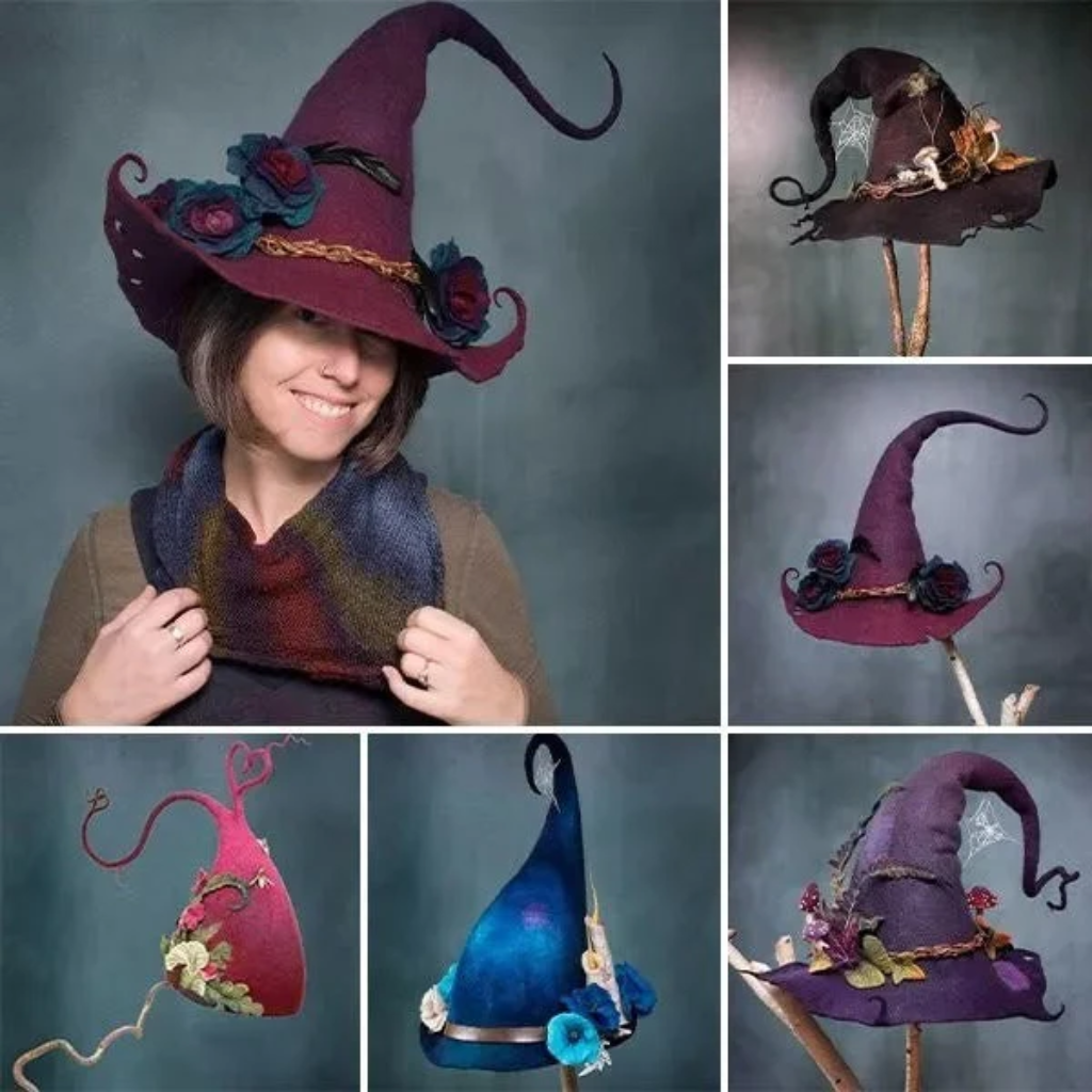 Thermabuild | Halloween Witch Hat Felted Wool with Spiderweb Embroidery and Floral Design for Costume Party