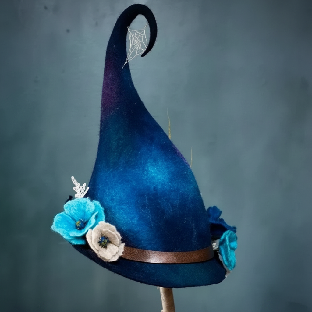 Thermabuild | Halloween Witch Hat Felted Wool with Spiderweb Embroidery and Floral Design for Costume Party