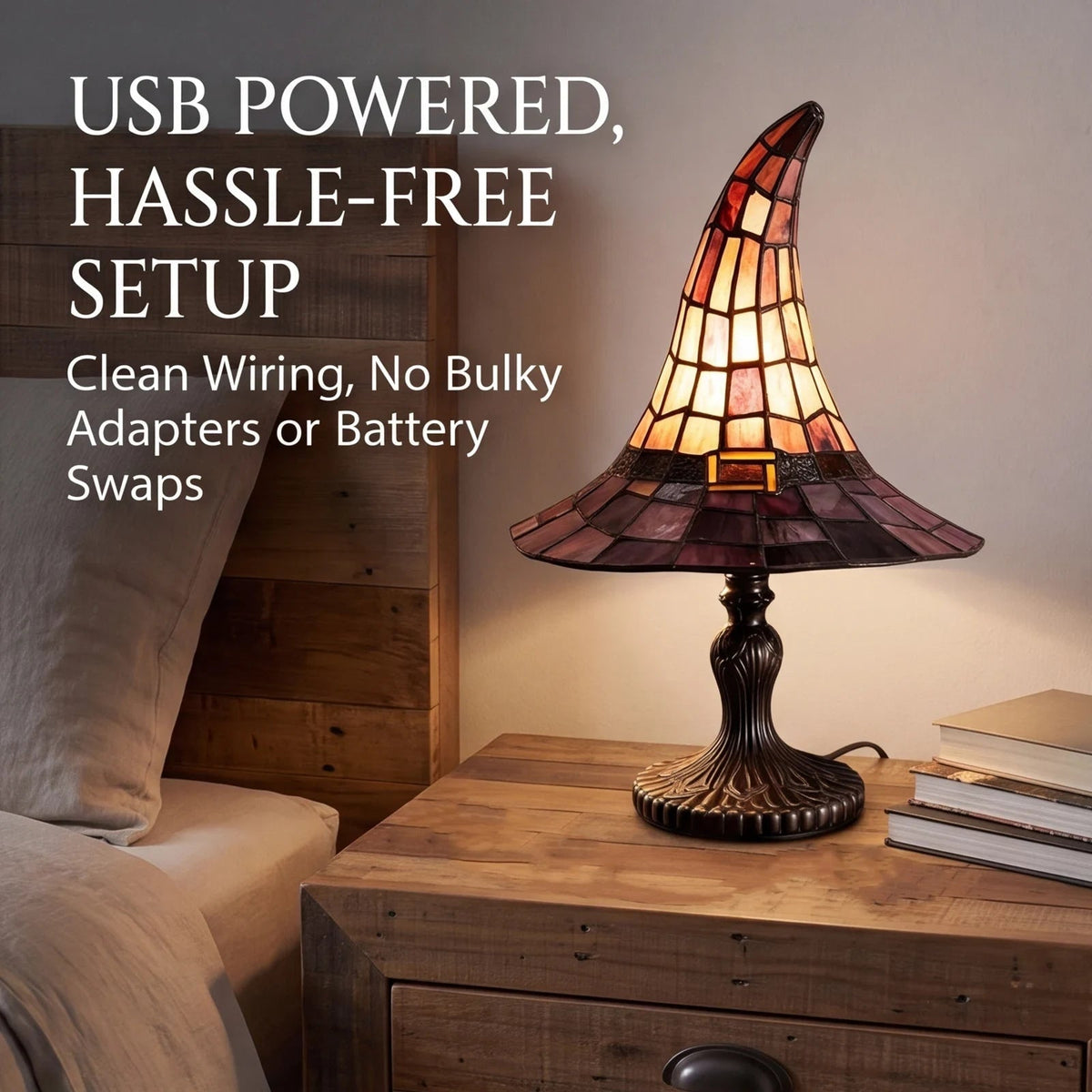Thermabuild | Halloween Witch Hat Tiffany Style Table Lamp with USB Power and Warm Glow Decoration Bed Side
