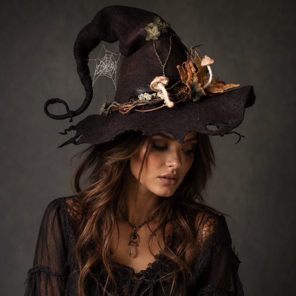 Thermabuild | Halloween Witch Hat with Decorated Forest Elements and Whimsical Curled Tip Witches