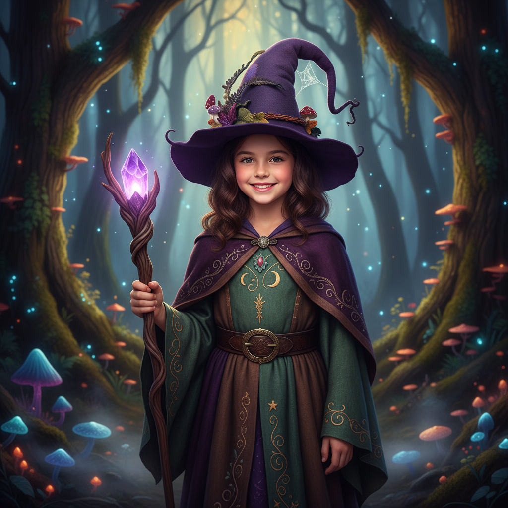 Thermabuild | Halloween Witch Hat with Decorated Forest Elements and Whimsical Curled Tip Witches