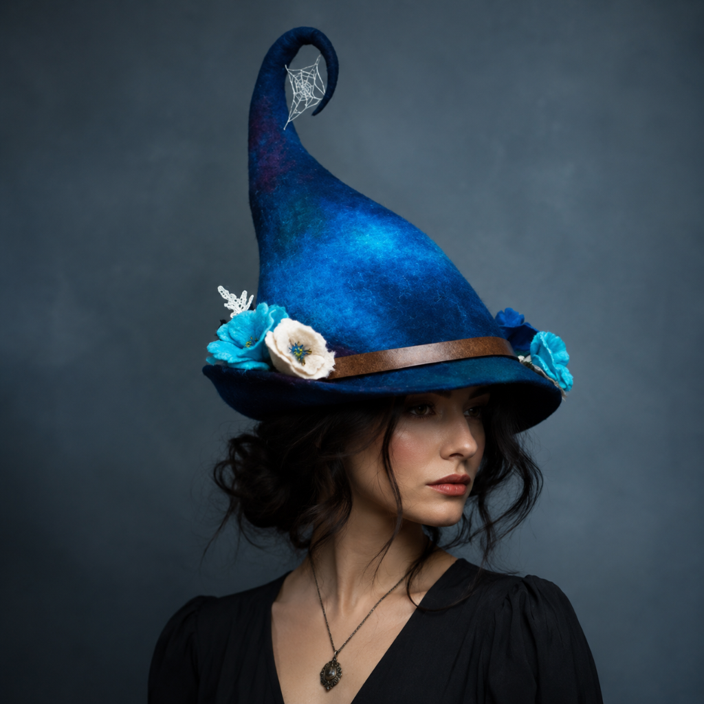 Thermabuild | Halloween Witch Hat with Decorated Forest Elements and Whimsical Curled Tip Witches