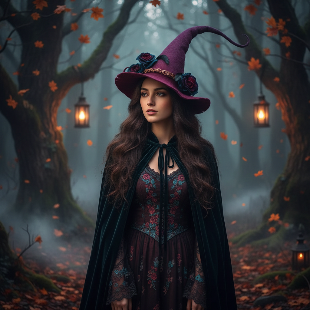 Thermabuild | Halloween Witch Hat with Decorated Forest Elements and Whimsical Curled Tip Witches