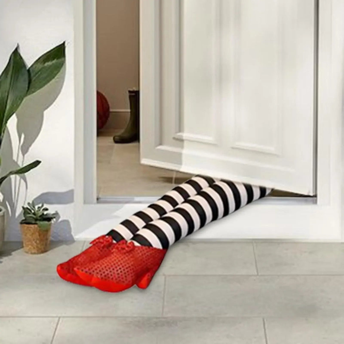 Thermabuild | Halloween Witch Legs Decoration Door Stopper with Striped Plush and Red Sequin Shoes for Party Decor