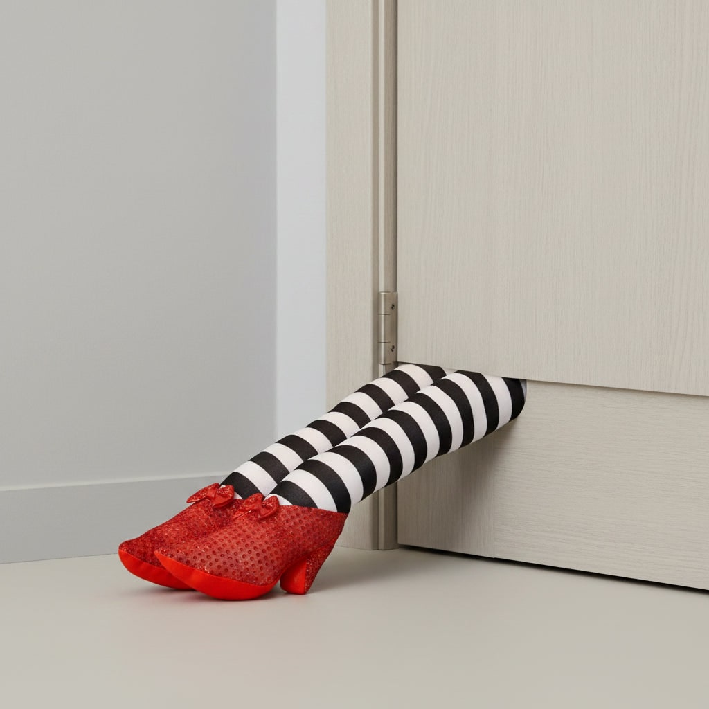 Thermabuild | Halloween Witch Legs Door Stopper Decoration with Striped Stockings and Red Shoes