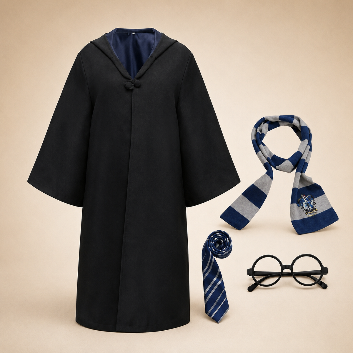 Thermabuild | Halloween Wizard Robe Costume with Hood Bell Sleeves and Striped Scarf Accessory Set
