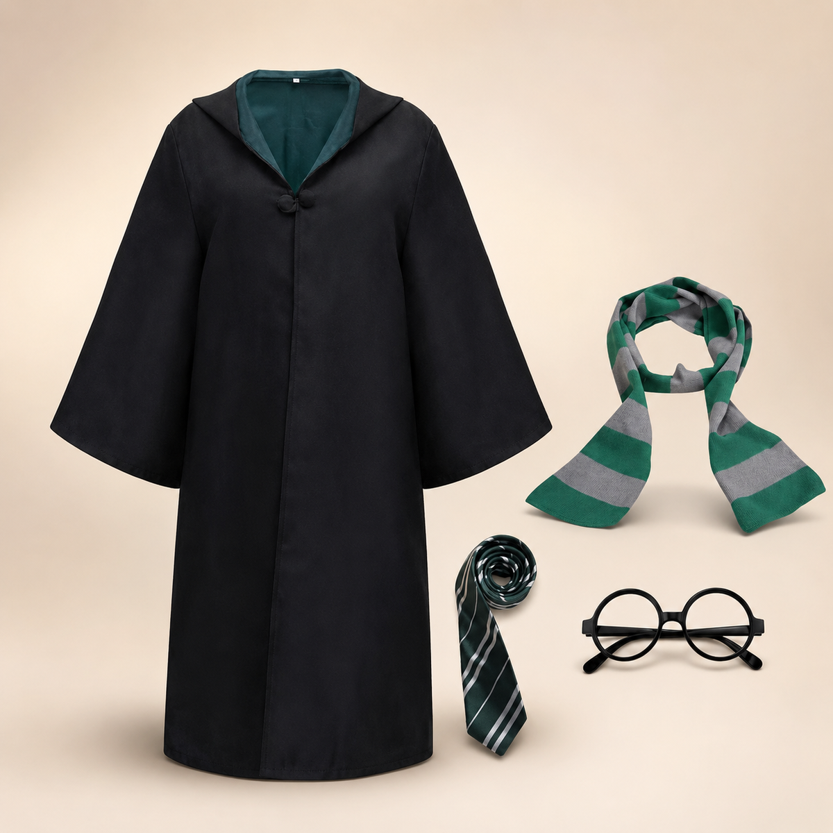 Thermabuild | Halloween Wizard Robe Costume with Hood Bell Sleeves and Striped Scarf Accessory Set