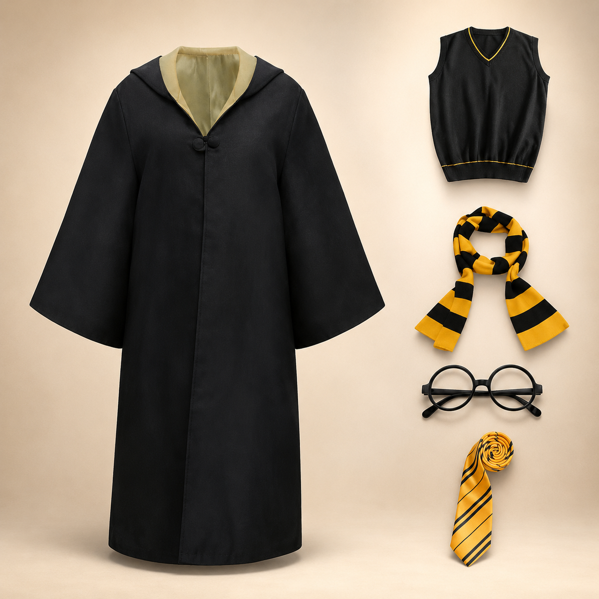 Thermabuild | Halloween Wizard Robe Costume with Hood Bell Sleeves and Striped Scarf Accessory Set