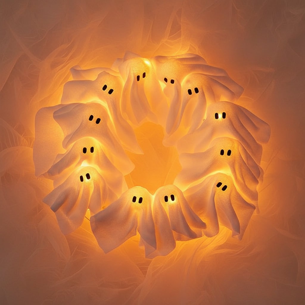 Thermabuild | Halloween Wreath Door Decoration with LED Ghost Lights and Gauze Fabric for Front Party Decor