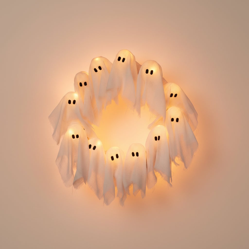 Thermabuild | Halloween Wreath Door Decoration with LED Ghost Lights and Gauze Fabric for Front Party Decor