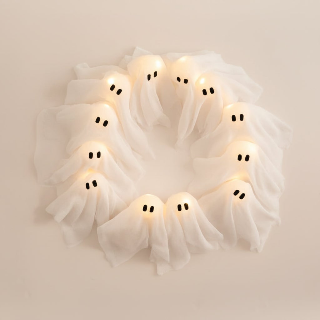 Thermabuild | Halloween Wreath Door Decoration with LED Ghost Lights and Gauze Fabric for Front Party Decor