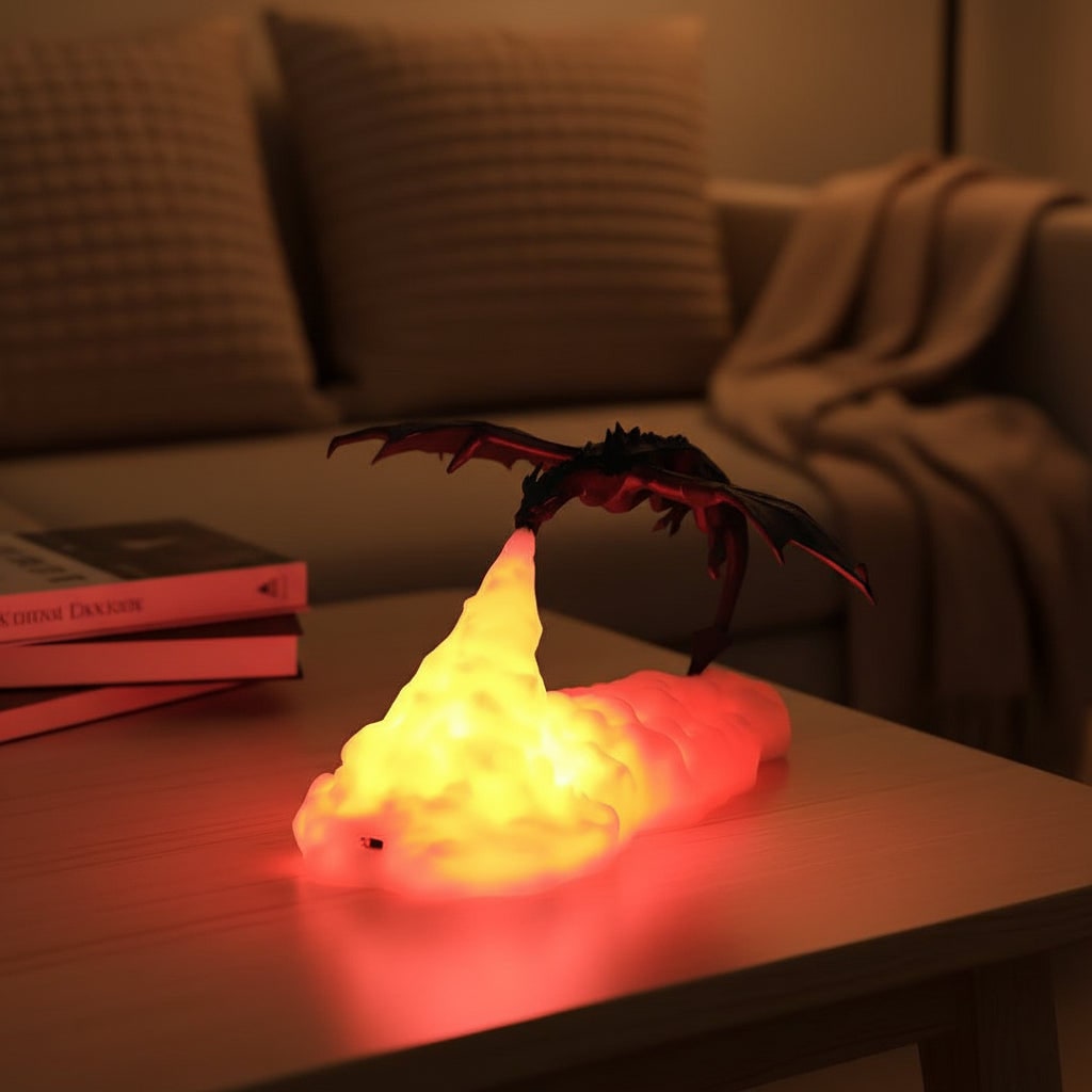 Thermabuild | Kids' Halloween 3D Printed Dragon Night Light Lamp with LED Fire Glow Base for Room Decoration
