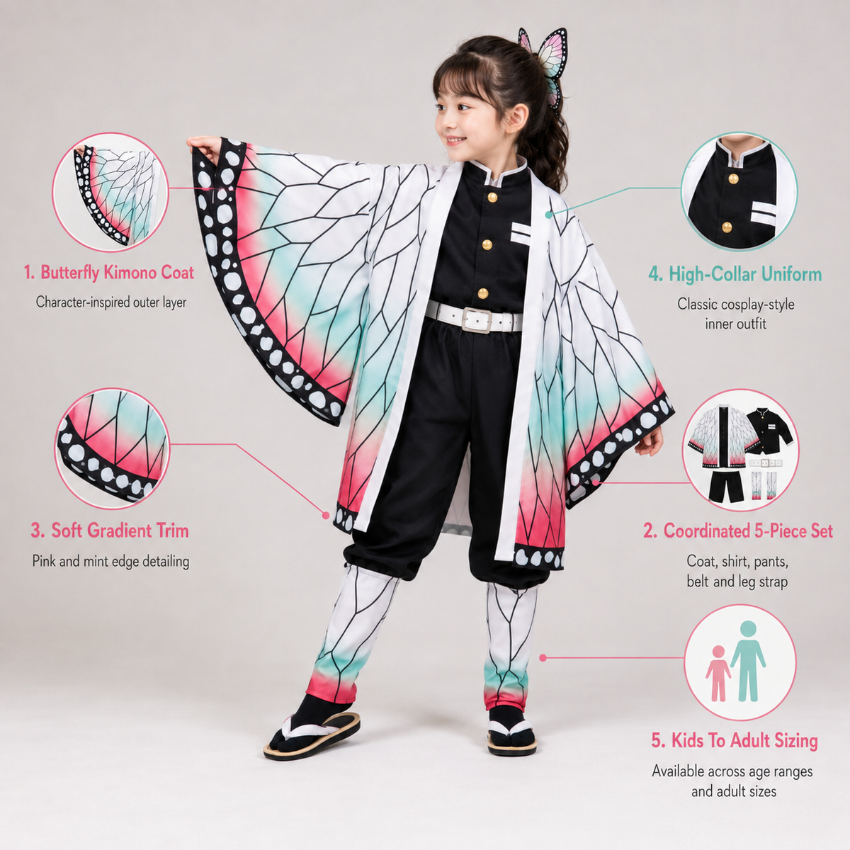Thermabuild | Kids' Halloween Anime Cosplay Costume with Butterfly Kimono Jacket Five-Piece Set