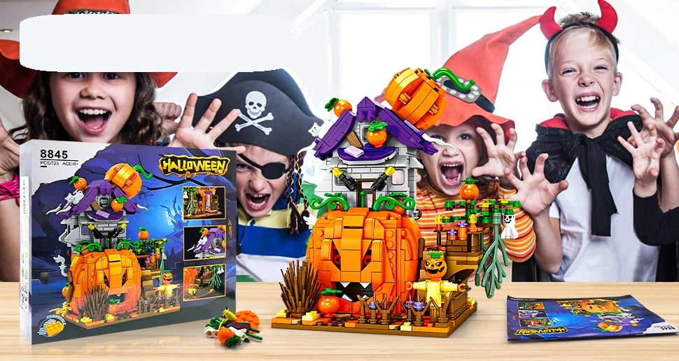 Thermabuild | Kids' Halloween Building Blocks Magnetic Tiles Toy Set with Pumpkin House and Spooky Figures