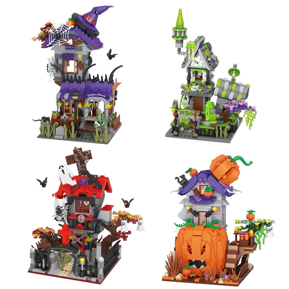 Thermabuild | Kids' Halloween Building Blocks Magnetic Tiles Toy Set with Pumpkin House and Spooky Figures