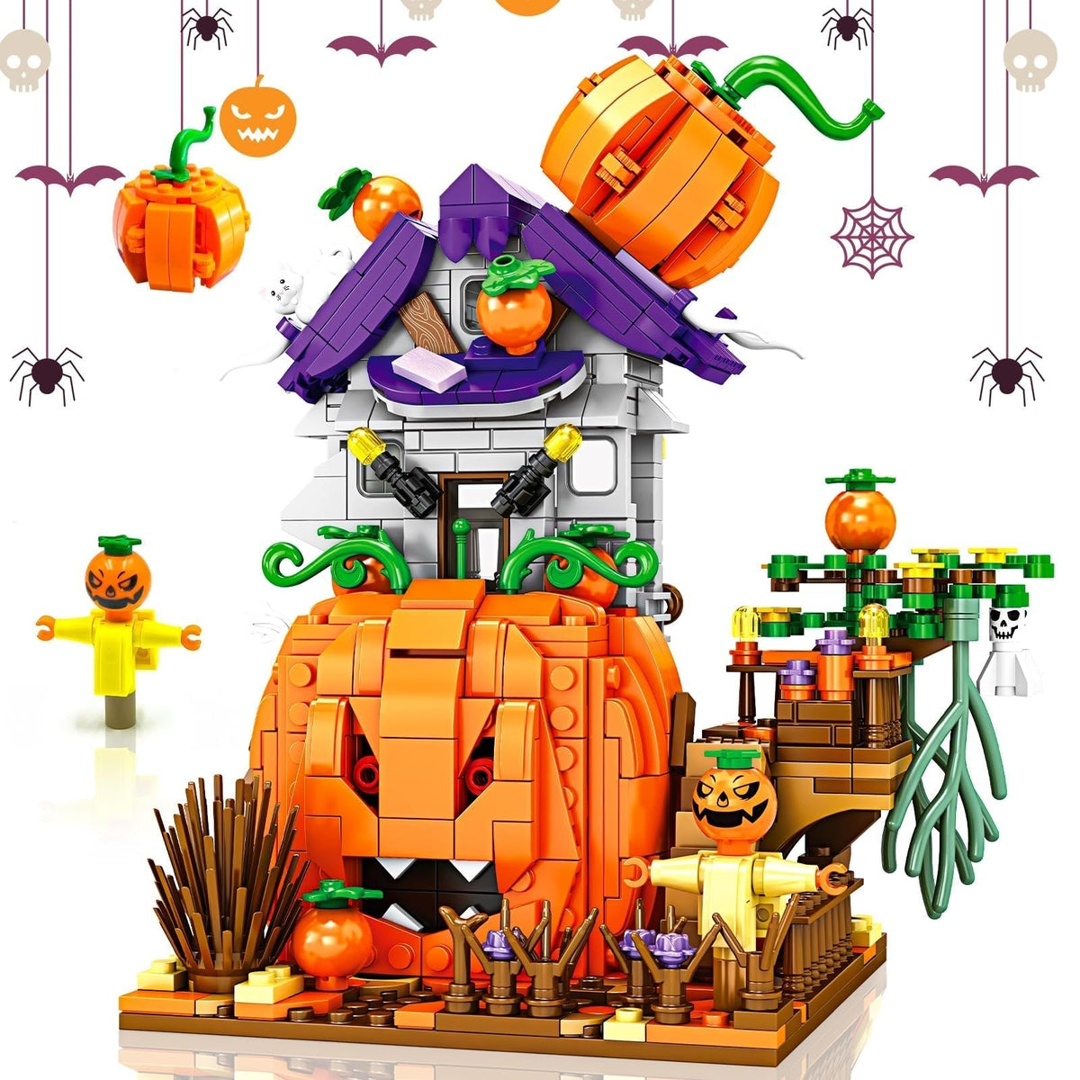 Thermabuild | Kids' Halloween Building Blocks Magnetic Tiles Toy Set with Pumpkin House and Spooky Figures