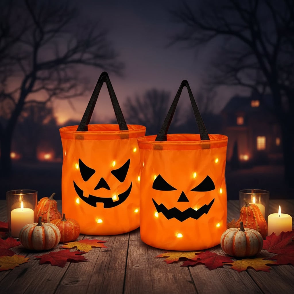 Thermabuild | Kids' Halloween Candy Bag and Trick or Treat Reusable with LED Pumpkin Lights and Handles for Party Favor
