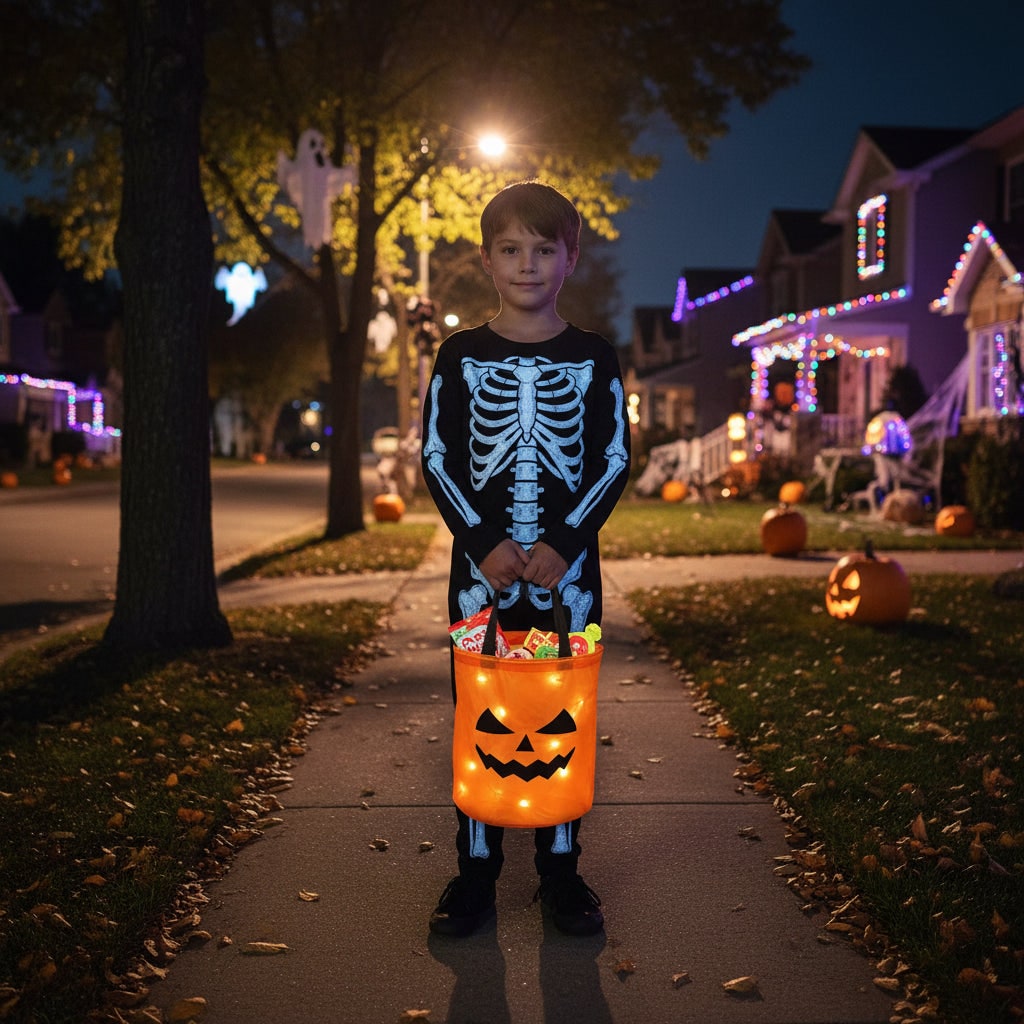 Thermabuild | Kids' Halloween Candy Bag and Trick or Treat Reusable with LED Pumpkin Lights and Handles for Party Favor