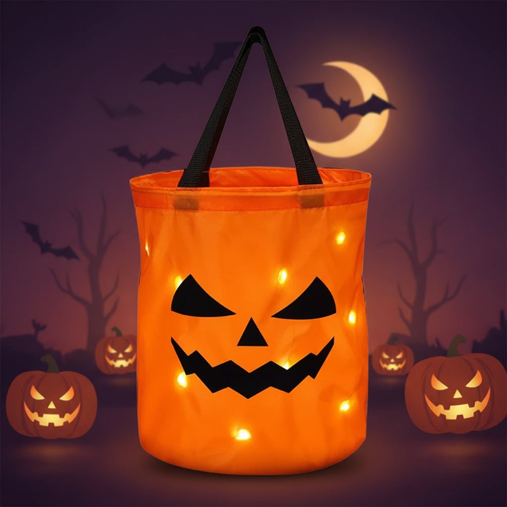 Thermabuild | Kids' Halloween Candy Bag Bucket for Trick or Treat with LED Light Up Pumpkin Design