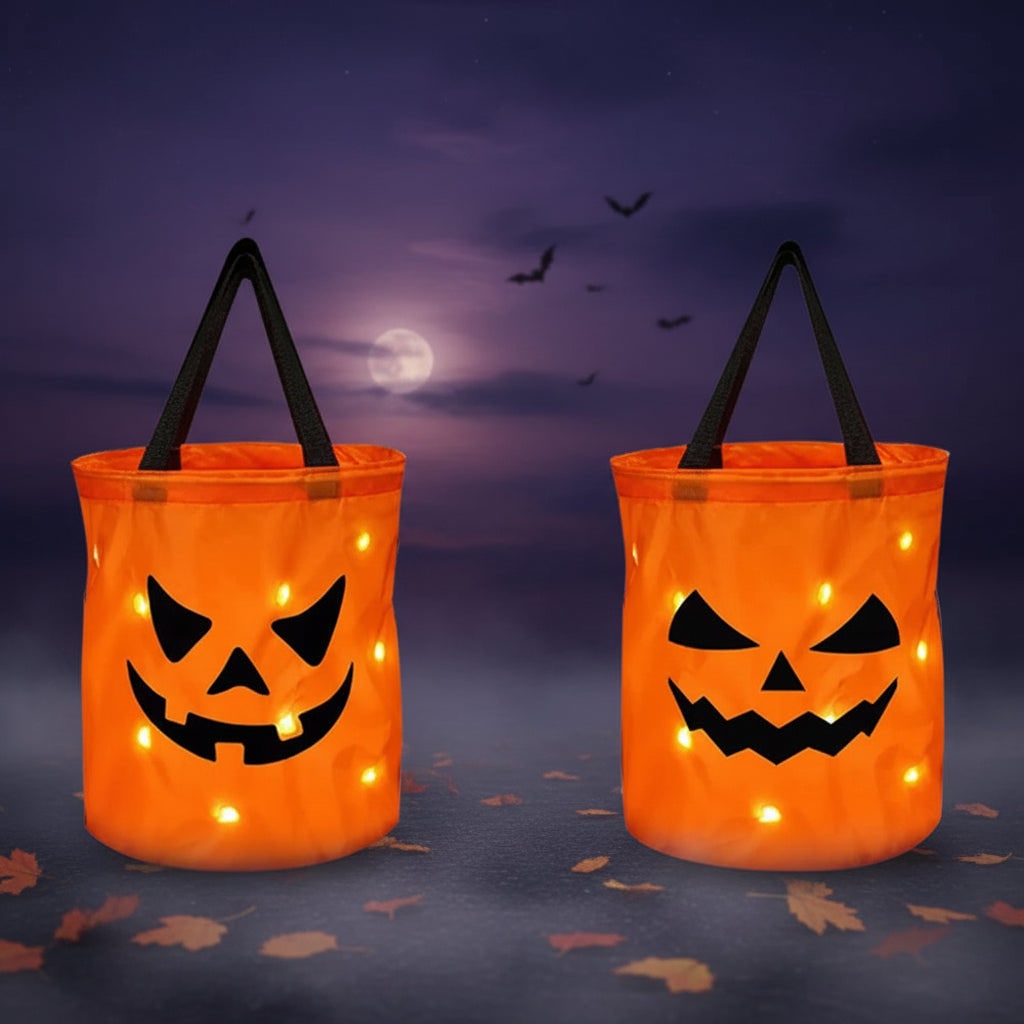 Thermabuild | Kids' Halloween Candy Bag Bucket for Trick or Treat with LED Light Up Pumpkin Design