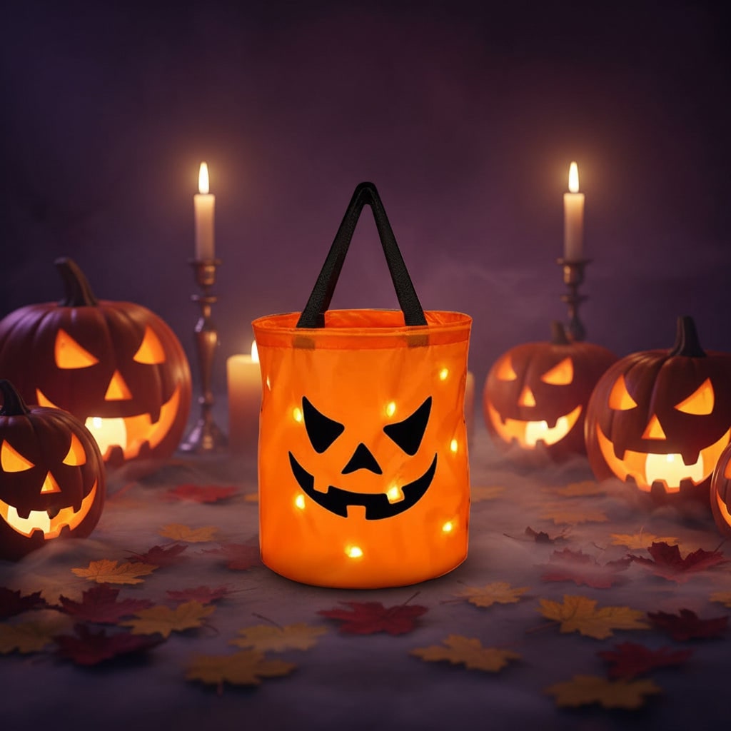 Thermabuild | Kids' Halloween Candy Bag Bucket for Trick or Treat with LED Light Up Pumpkin Design