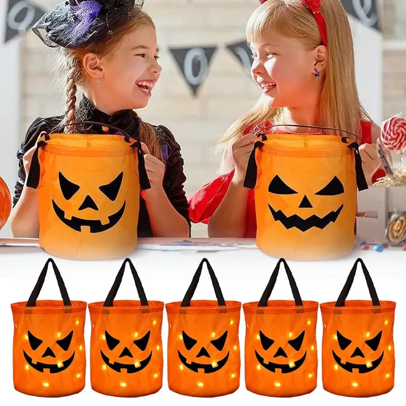 Thermabuild | Kids' Halloween Candy Bucket and Bag with LED Light-Up Jack-O'-Lantern Pumpkin Pail for Trick or Treat