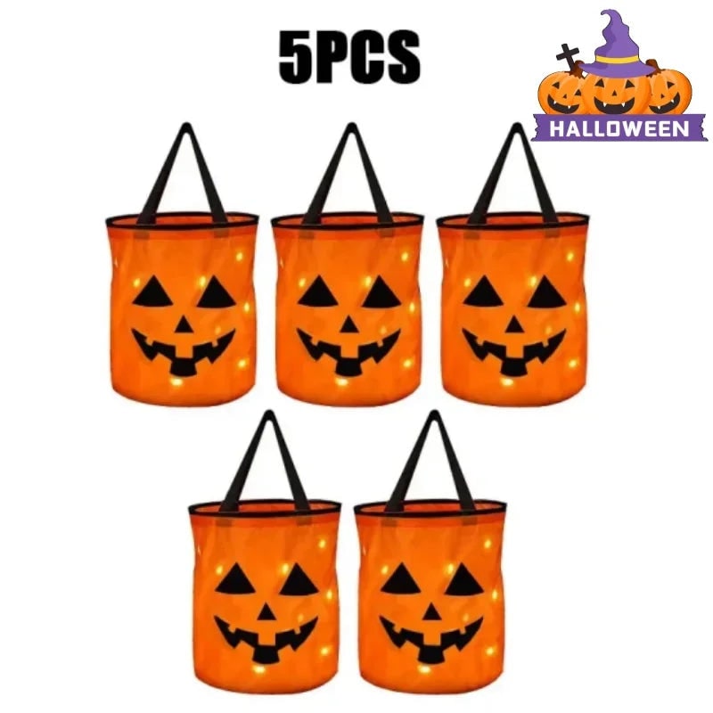 Thermabuild | Kids' Halloween Candy Bucket and Bag with LED Light-Up Jack-O'-Lantern Pumpkin Pail for Trick or Treat