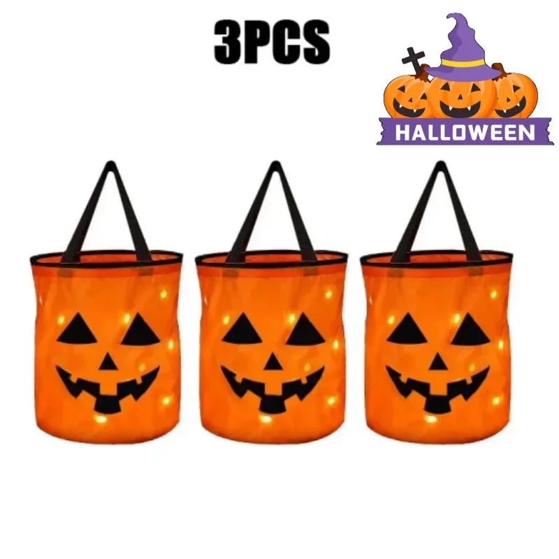 Thermabuild | Kids' Halloween Candy Bucket and Bag with LED Light-Up Jack-O'-Lantern Pumpkin Pail for Trick or Treat