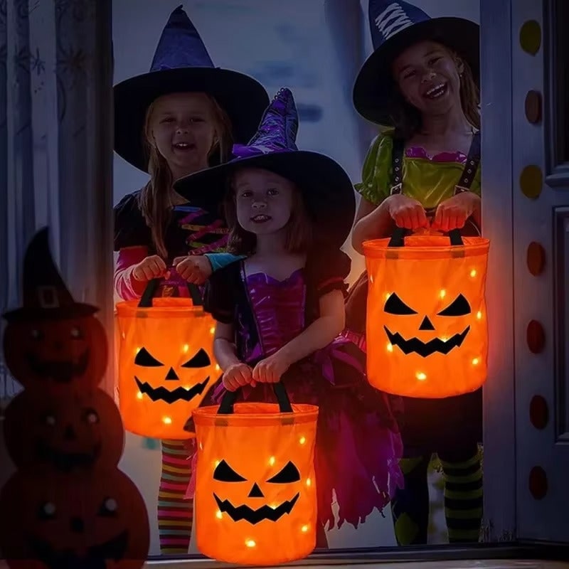 Thermabuild | Kids' Halloween Candy Pumpkin Bucket with LED Lights and Handle for Trick or Treat Basket