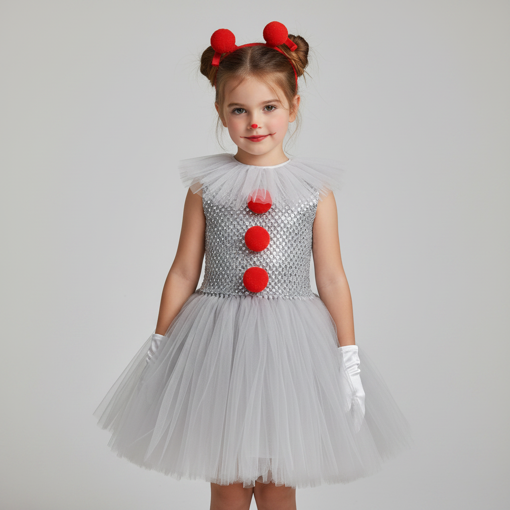 Thermabuild | Kids' Halloween Clown Costume Outfit Female with Tutu Dress Hair Clips Gloves and Collar for Party