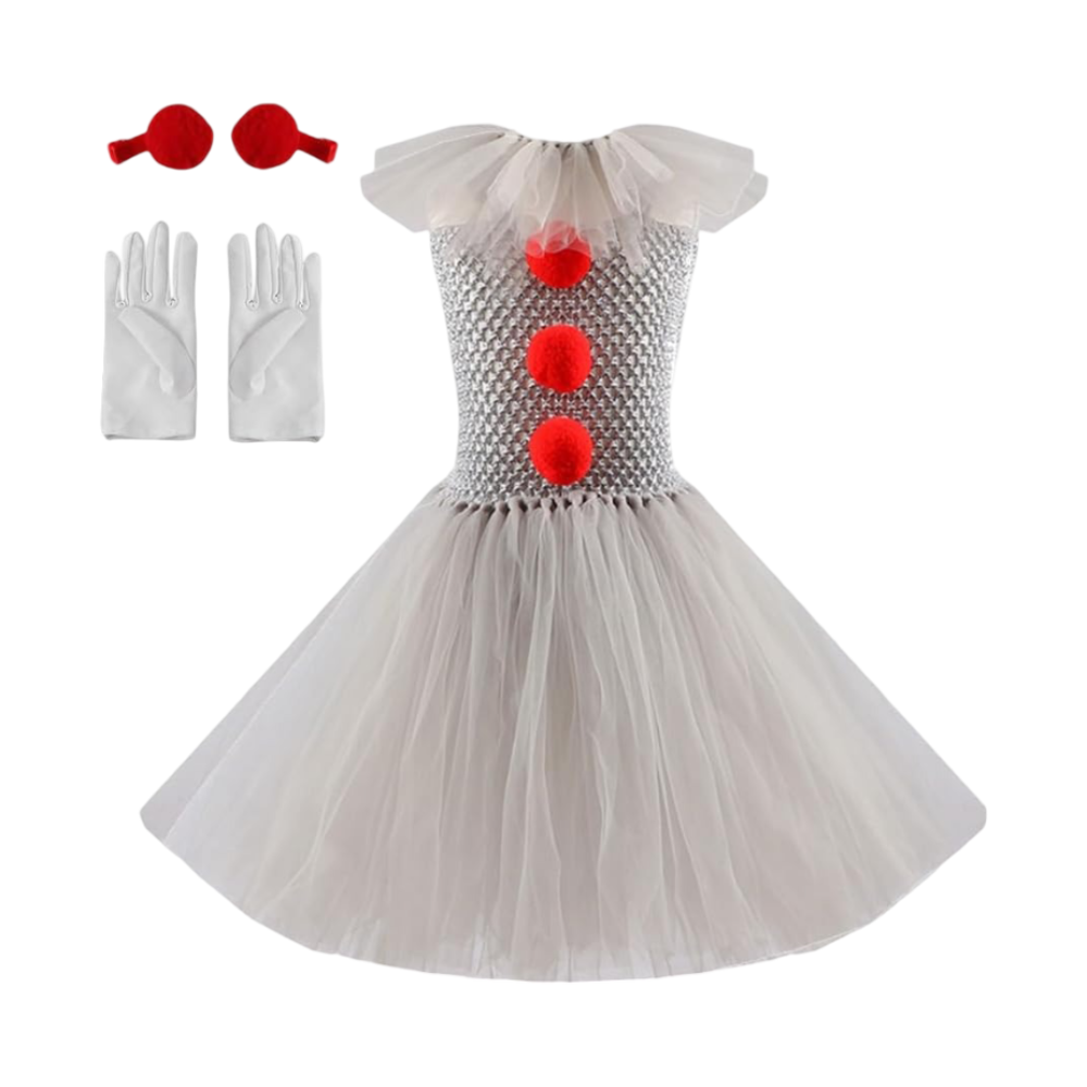 Thermabuild | Kids' Halloween Clown Costume Outfit Female with Tutu Dress Hair Clips Gloves and Collar for Party