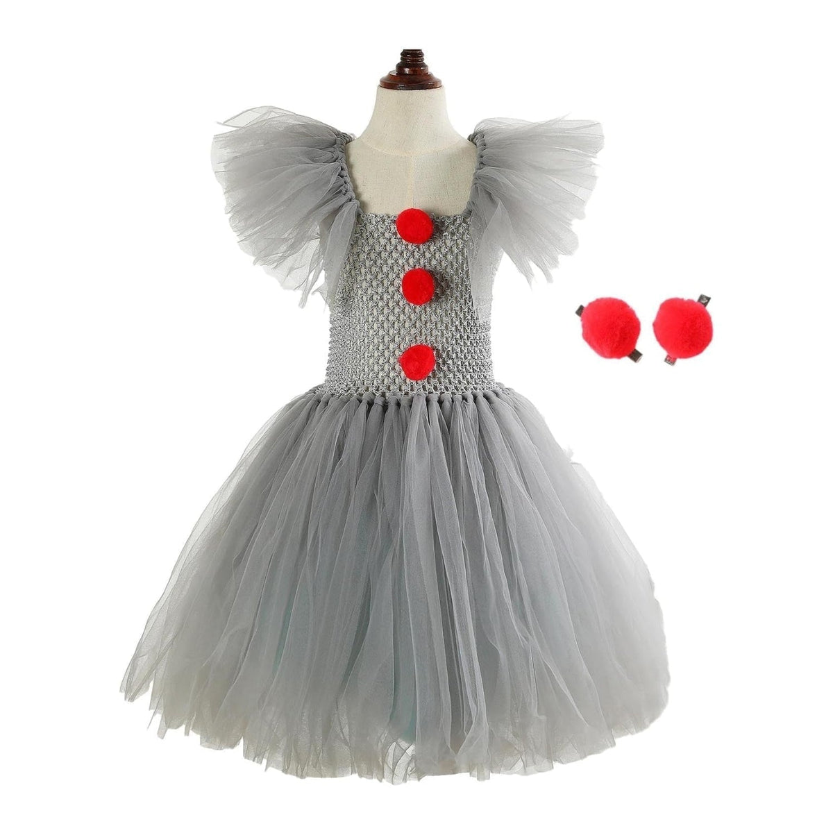 Thermabuild | Kids' Halloween Clown Costume Outfit Female with Tutu Dress Hair Clips Gloves and Collar for Party