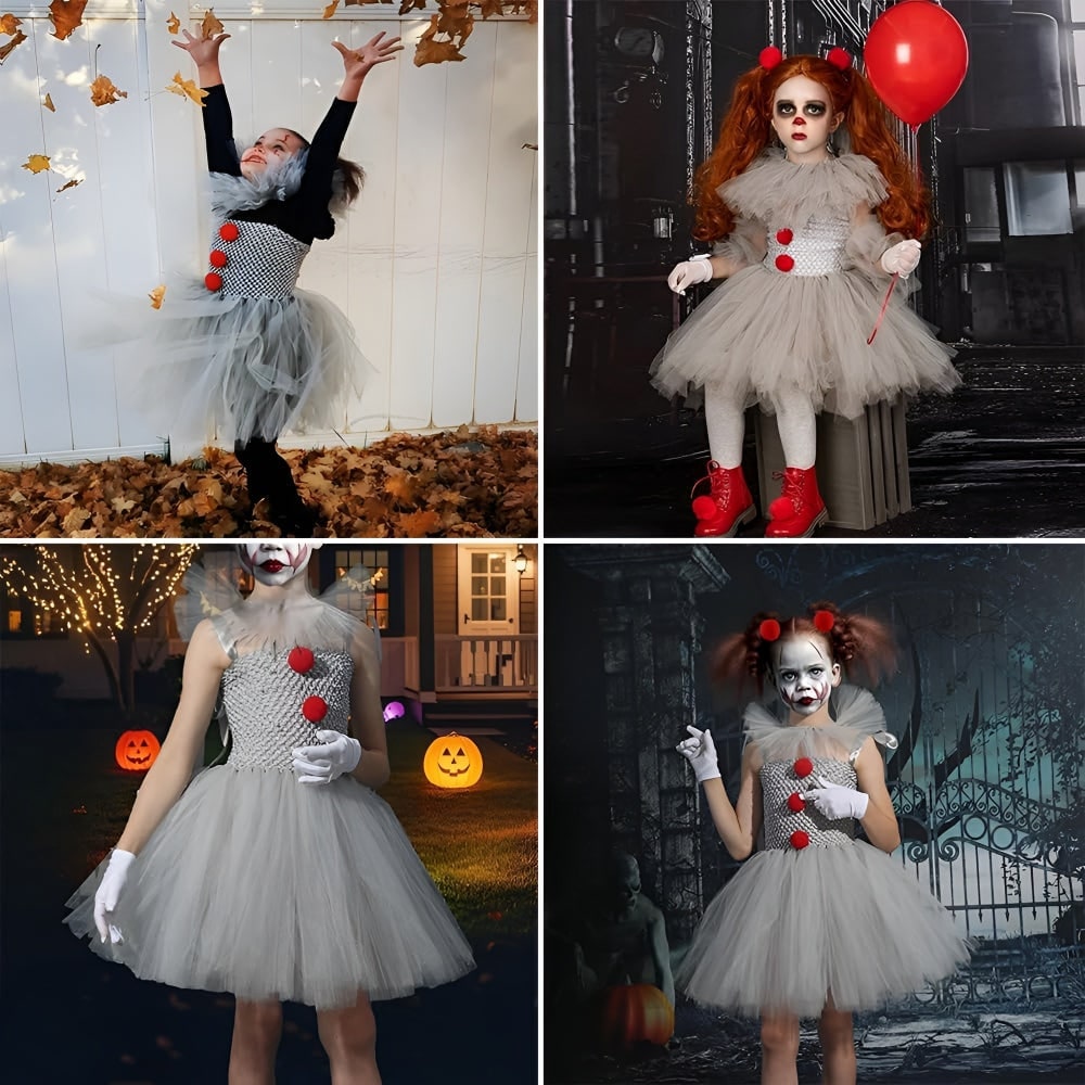 Thermabuild | Kids' Halloween Clown Costume Outfit Female with Tutu Dress Hair Clips Gloves and Collar for Party