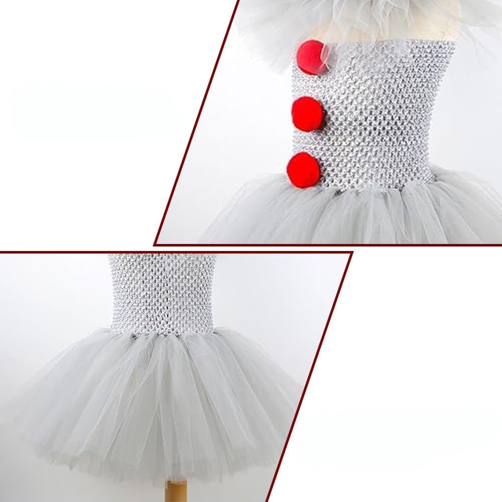 Thermabuild | Kids' Halloween Clown Costume Outfit Female with Tutu Dress Hair Clips Gloves and Collar for Party