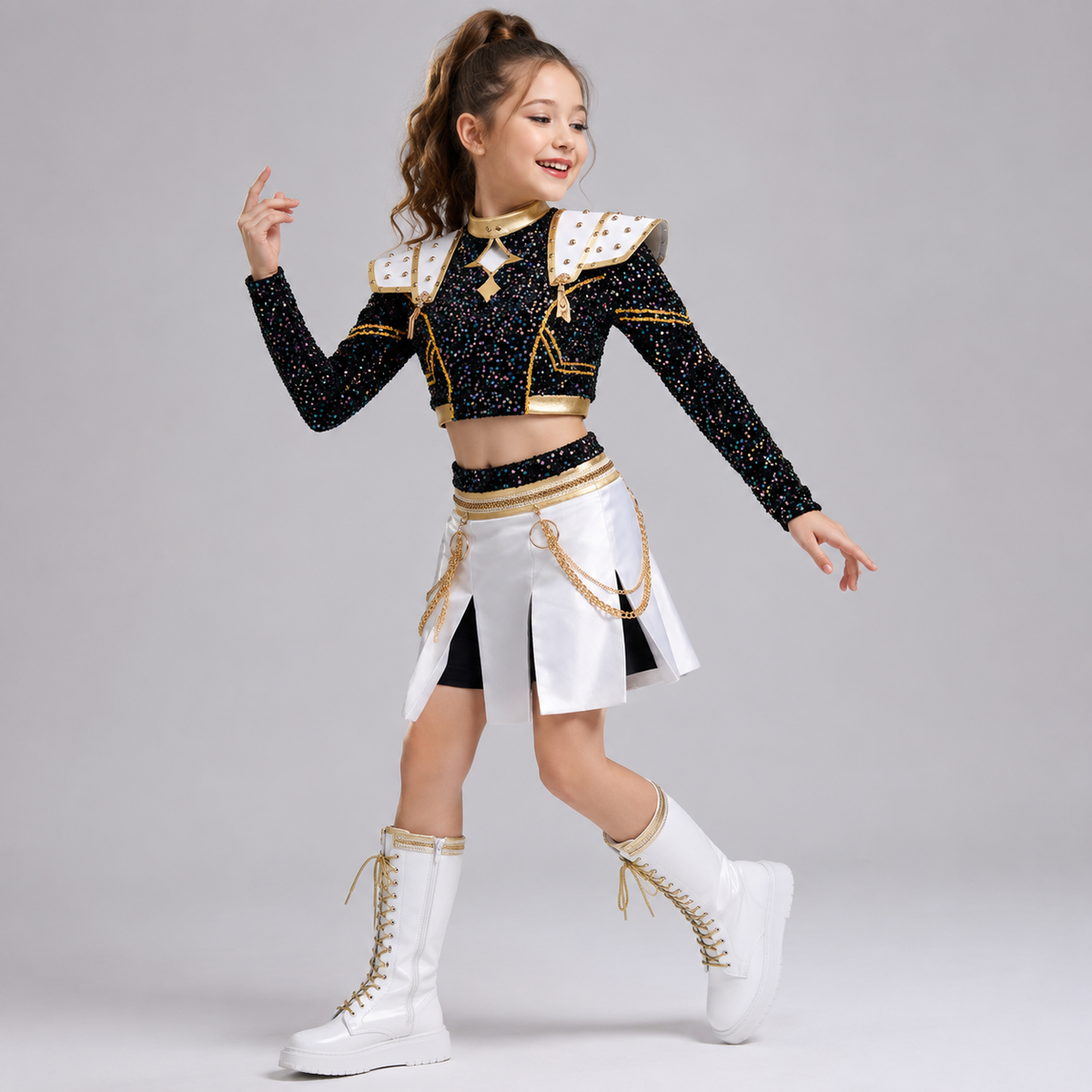 Thermabuild | Kids' Halloween Cosplay Costume with Wig Sequined Crop Top Pleated Skirt and Studded Shoulder Armor