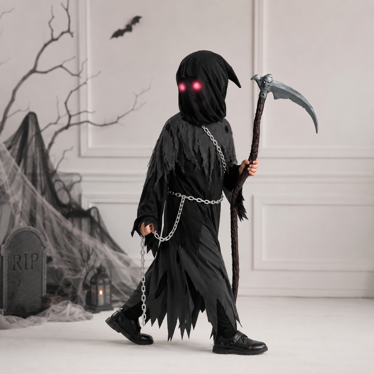 Thermabuild | Kids' Halloween Costume Grim Reaper Hooded Robe Set with Glowing Eyes and Toy Scythe