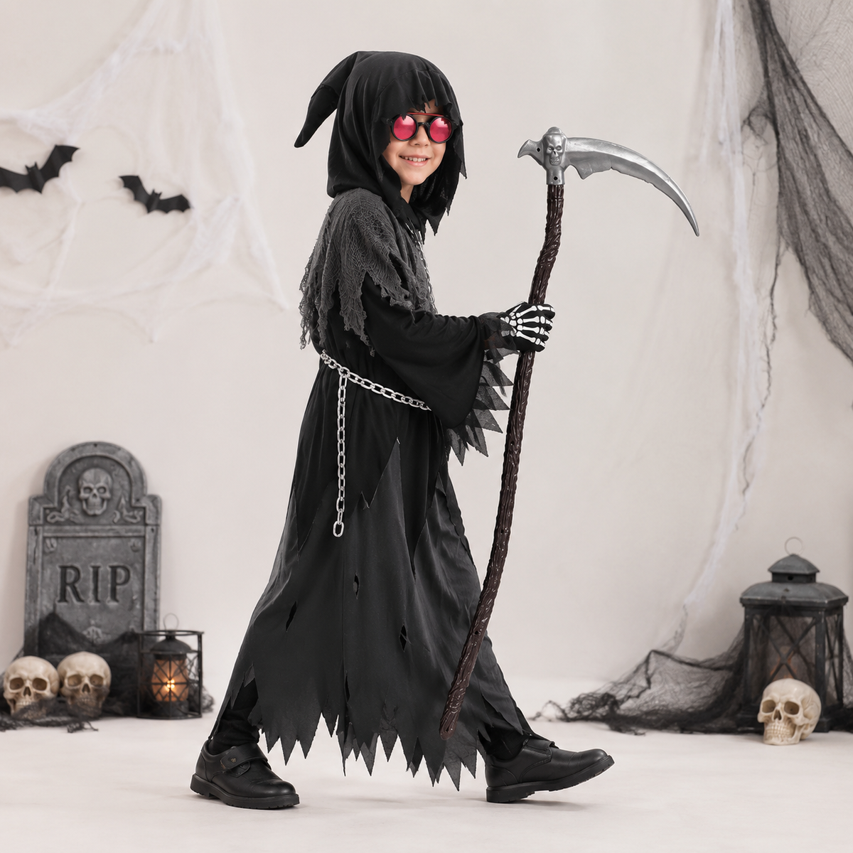 Thermabuild | Kids' Halloween Costume Grim Reaper Hooded Robe Set with Glowing Eyes and Toy Scythe