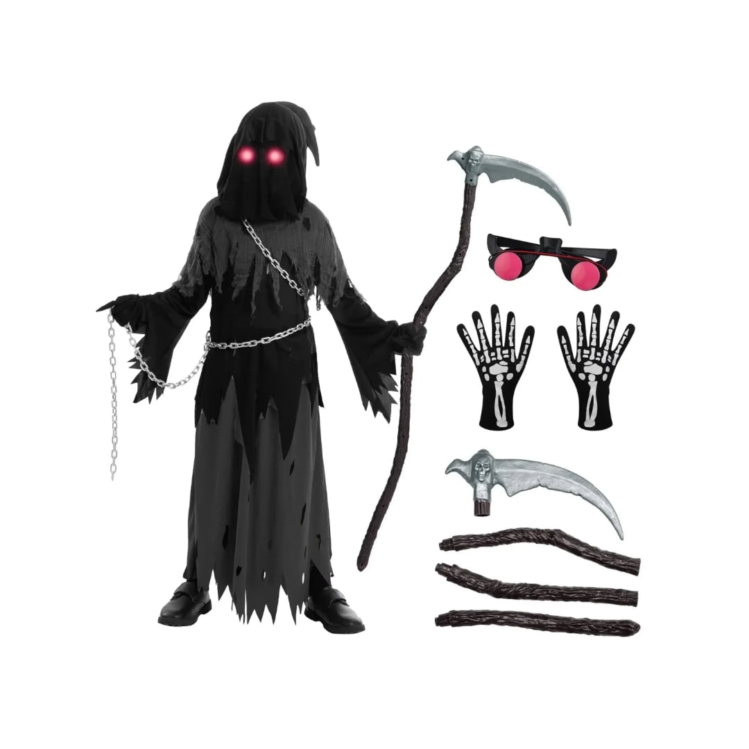Thermabuild | Kids' Halloween Costume Grim Reaper Hooded Robe Set with Glowing Eyes and Toy Scythe