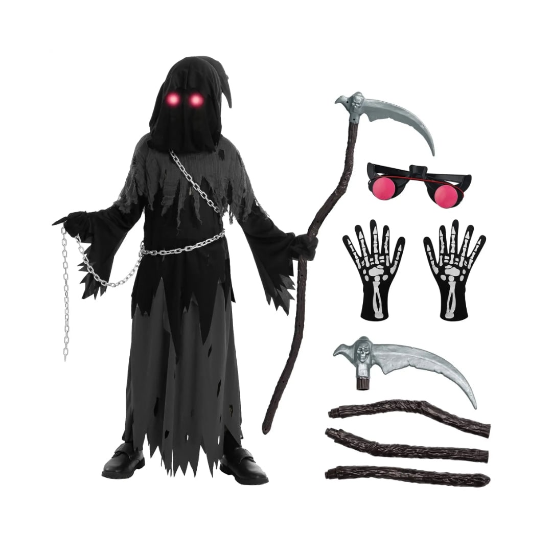 Thermabuild | Kids' Halloween Costume Grim Reaper Hooded Robe Set with Glowing Eyes and Toy Scythe