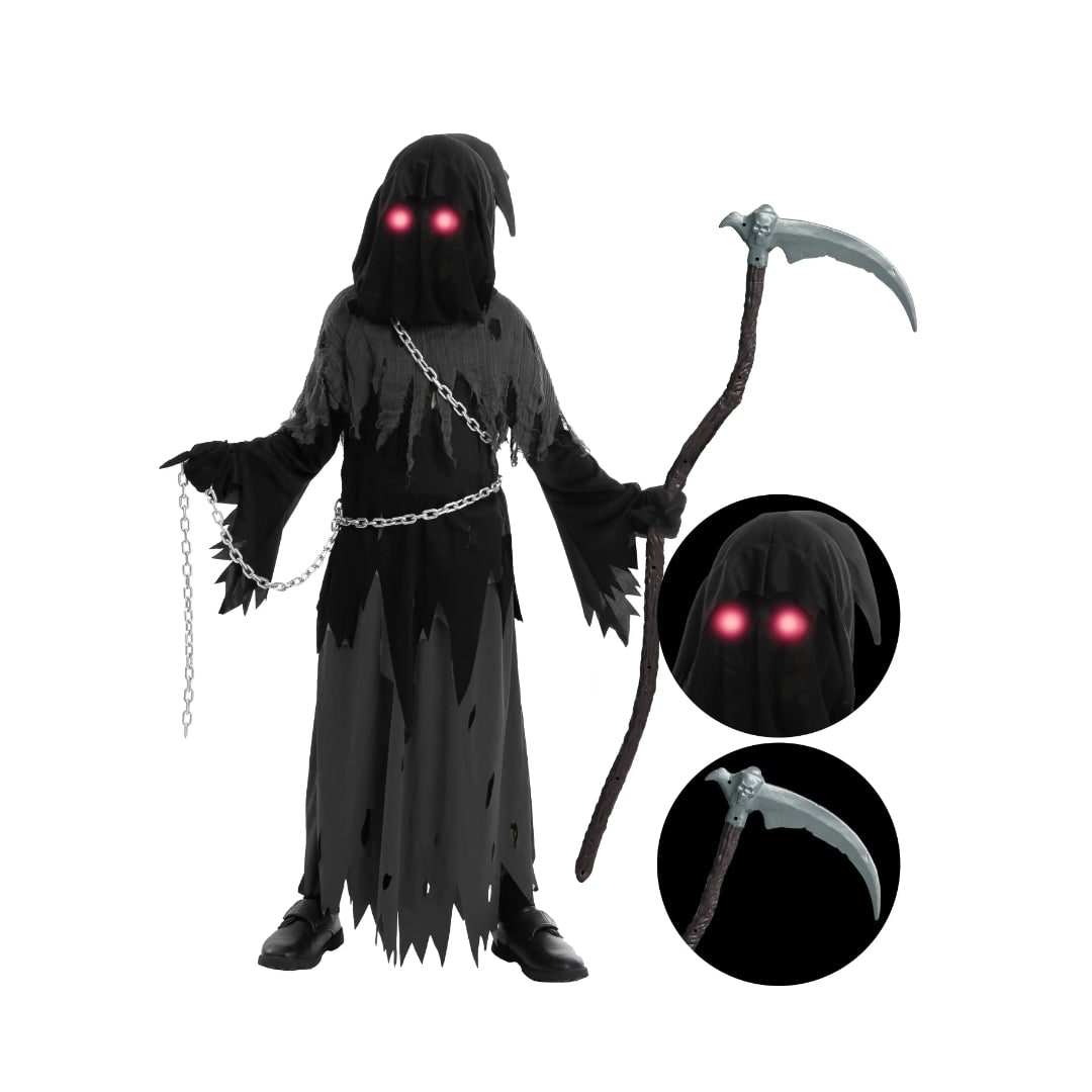 Thermabuild | Kids' Halloween Costume Grim Reaper Hooded Robe Set with Glowing Eyes and Toy Scythe